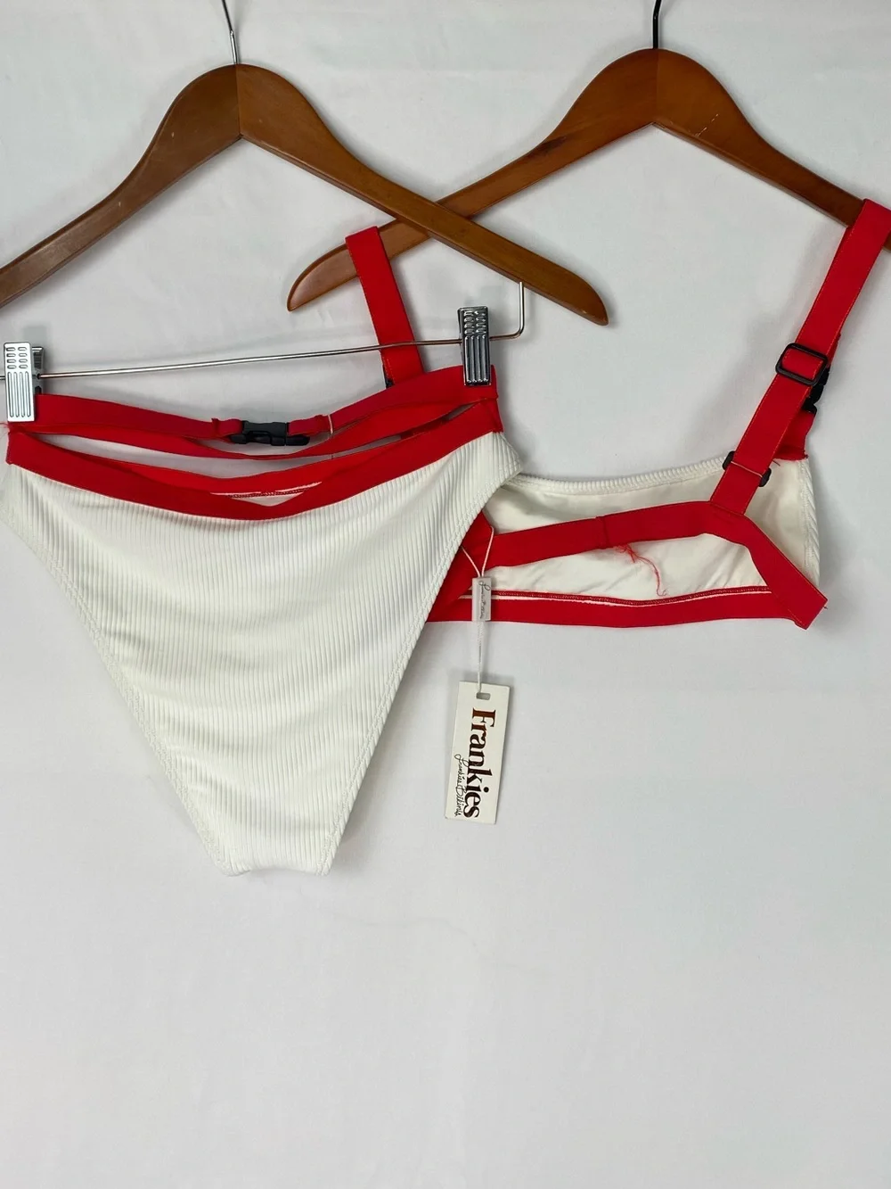 NEW Frankies Bikini Kiki Ribbed Bikini Buckle Up Red White Summer Size Small